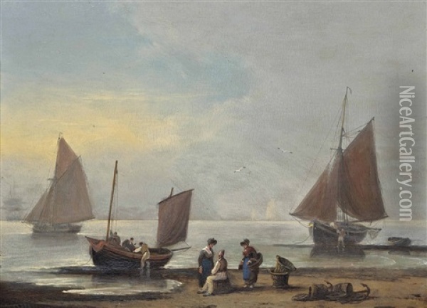 Unloading The Day's Catch Onto The Beach At Teignmouth, Devon Oil Painting - Thomas Luny