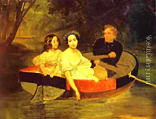 Self portrait with Baroness Ye N Meller Zakomelskaya and a Girl in a Boat Unfinished 1833 1835 Oil Painting - Julia Vajda