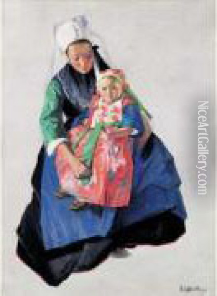 Mere Et Enfant (plougastel Daulas) Oil Painting - Virgilio Costantini