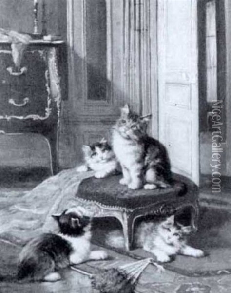 Four Playful Kittens In An Interior Oil Painting - Leon Charles Huber