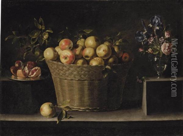 Apples In A Wicker Basket Oil Painting - Juan de Zurbaran