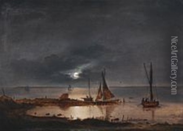 Coastal Scenery With Small Vessels In The Moonlight Oil Painting - Frederik Michael Ernst Fabritius de Tengnagel