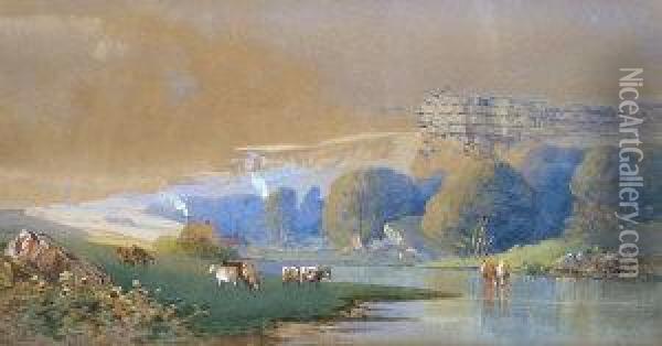 Cattle Grazing By A River Oil Painting - Aaron Edwin Penley