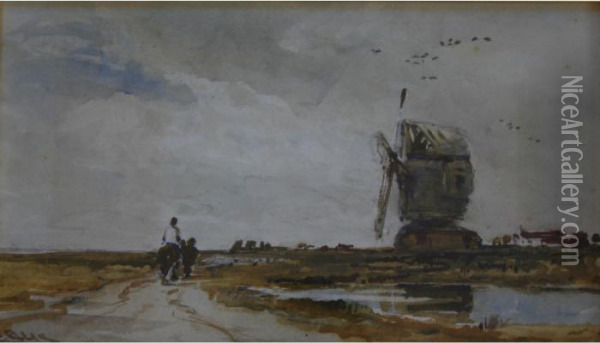 Figures On A Horse Near A Windmill Oil Painting - Edwin Ellis