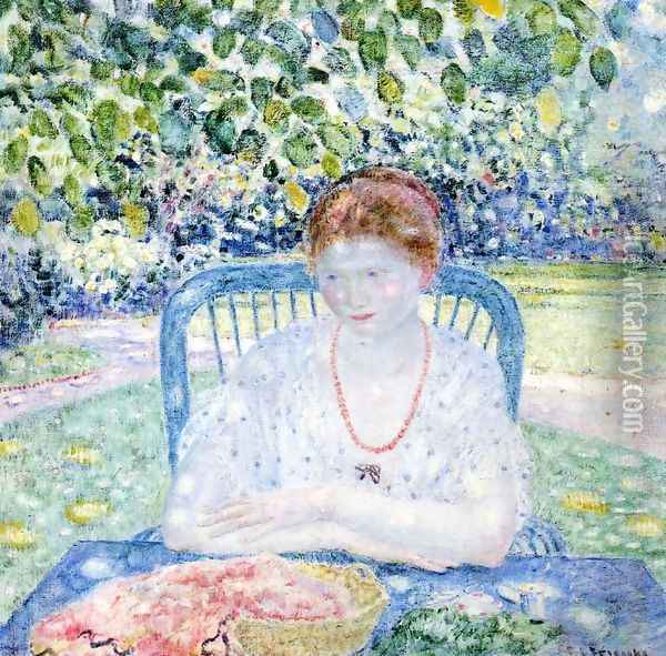 Sewing in the Garden Oil Painting - Frederick Carl Frieseke