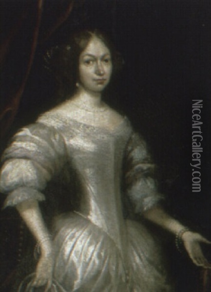 Portrait Of A Lady, Standing Three-quarter Length In A White Dress Oil Painting - Caspar Netscher