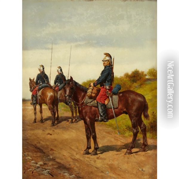 Three Cuirassiers On Horseback Oil Painting - Etienne Prosper Berne-Bellecour