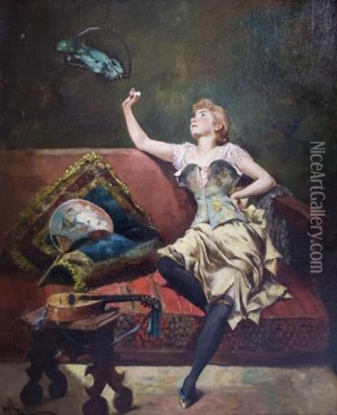 Mujer En Un Divan Dando De Comer A Un Pajaro Oil Painting - Enrique Miralles