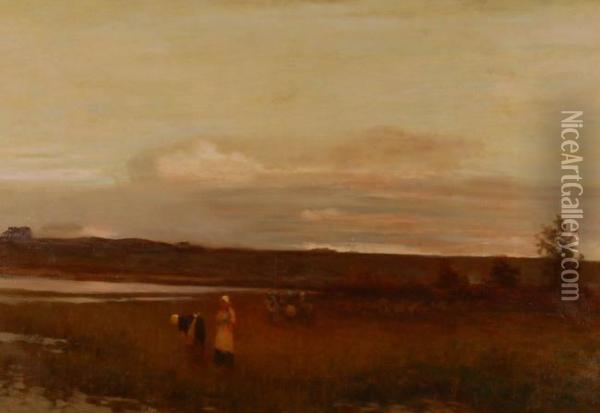 Extensive Marshland Landscape With Figures Oil Painting - Jacob Henricus Maris