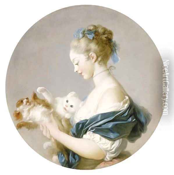 Girl playing with a dog and a cat (said to be a Portrait of Marie-Madeleine Colombe) Oil Painting - Jean-Honore Fragonard