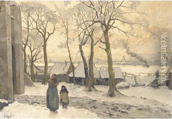 A Winter Landscape Possibly Near Dordrecht Oil Painting - Adolf Le Comte