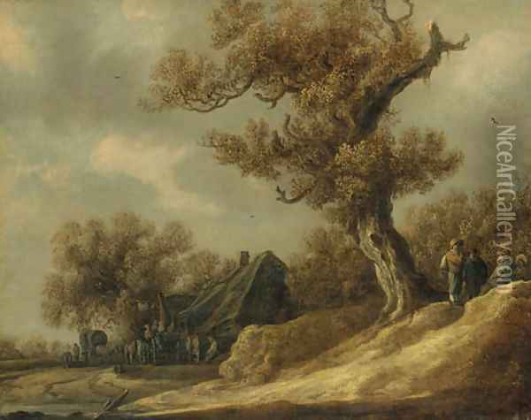 A dune landscape with peasants talking under a tree, an inn with travellers beyond Oil Painting - Jan van Goyen