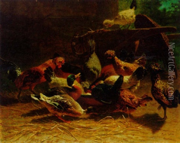 Chickens And Ducks In A Farmyard Oil Painting - Carl Rohde