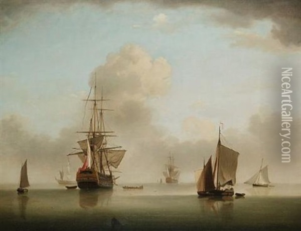 A Flat Calm At The Fleet Anchorage As The Flagship Prepares To Leave Oil Painting - Charles Brooking