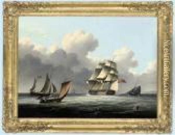 A Royal Naval Frigate Running Down The Channel Amidst Smallcraft Oil Painting - Thomas Buttersworth