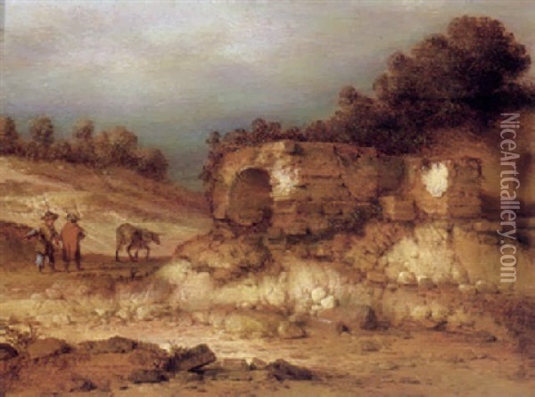 A River Landscape With Ruins And Figures Driving A Donkey Oil Painting - Jacob Sibrandi Mancadan
