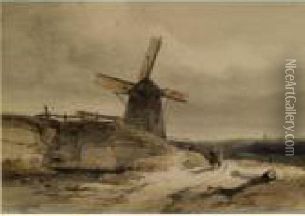Figures Near A Windmill Oil Painting - Willem Roelofs