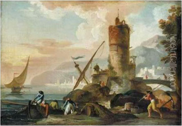 A Mediterranean Harbour Scene With Fishermen Tending Their Nets Oil Painting - Charles Francois Lacroix de Marseille