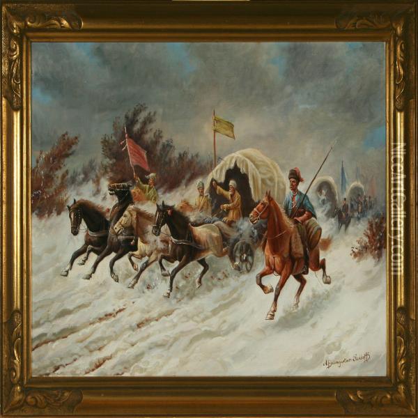 Cossacks Attacking A Caravan Oil Painting - August Baumgartner