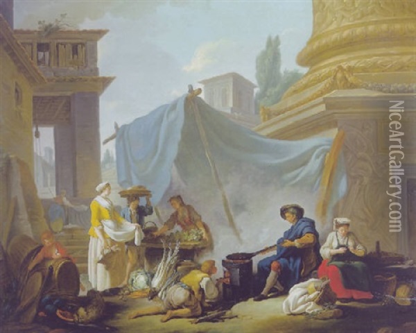 Traders In A Roman Marketplace Oil Painting - Jean Baptiste Marie Pierre