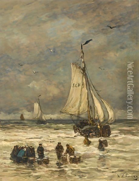 Unloading The Catch Oil Painting - Hendrik Willem Mesdag