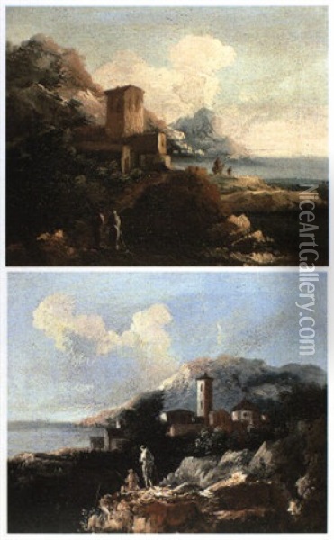 Paesaggio Costiero Con Figure, Casa Con Torre E Golfo Oil Painting - Alessio De Marchis