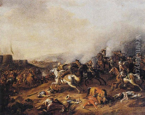 A Cavalry Battle Between Turks And Christians, (the Battle At Vienna Of 1683?) Oil Painting - Jan van Huchtenburg