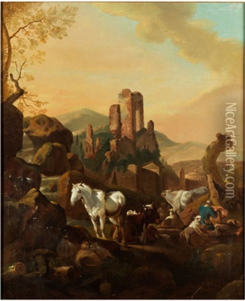 Schimmel Und Kuhe In Bergiger Landschaft Oil Painting - Johann Heinrich Roos