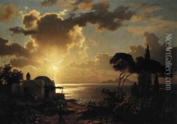 Southern Italian Villages At Sunset Oil Painting - August Wilhelm Leu