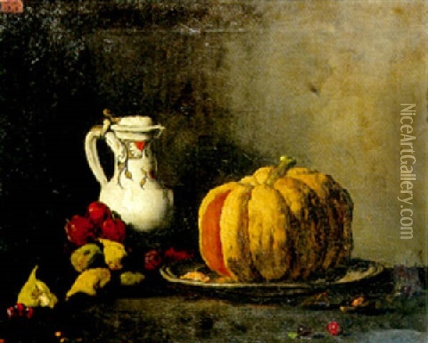 Pichet, Citrouille, Figues Et Prunes Oil Painting - Theodule Ribot