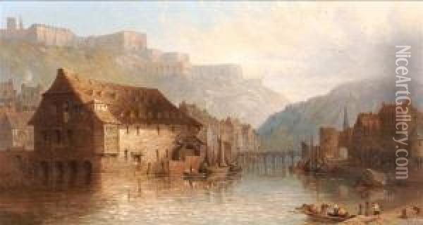 A Continental River Landscape With Figures Andbuildings Oil Painting - George Clarkson Stanfield