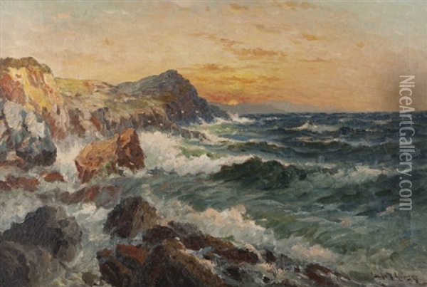 Rocky Coastal With Crashing Waves Oil Painting - Richard Dey de Ribcowsky