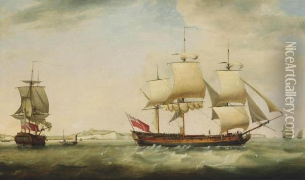 The Merchantman 
Trelawney 
 In Two Positions In The Channel Off Dover Oil Painting - Francis Holman