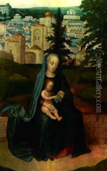The Virgin And Child Seated In A Landscape, Jerusalem Beyond Oil Painting - Gerard David