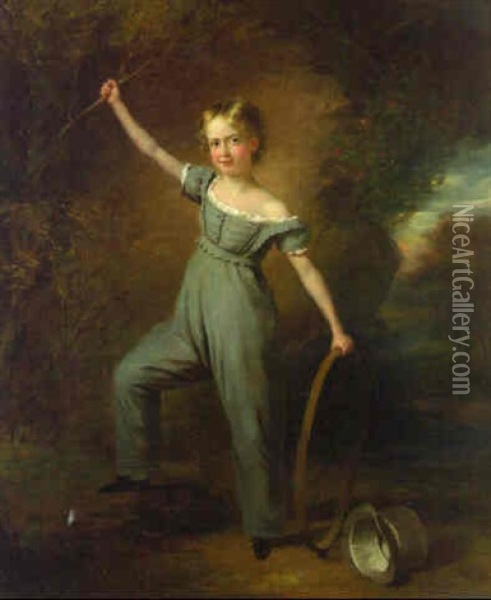 Portrait Of A Young Boy Holding A Hoop Beside A Grey Top Hat, In A Landscape Oil Painting - John Hayes