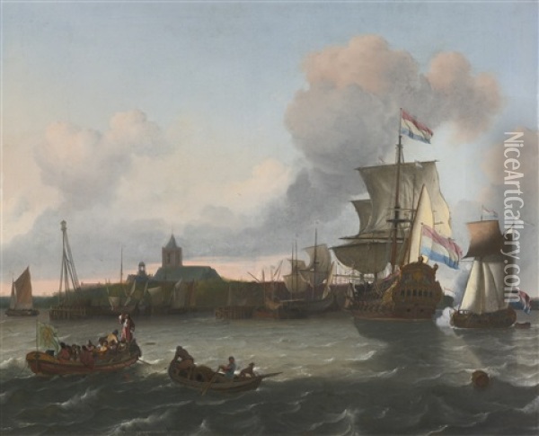 View From The Nieuwe Maas River Towards The City Of Vlaardingen Oil Painting - Ludolf Backhuysen the Elder