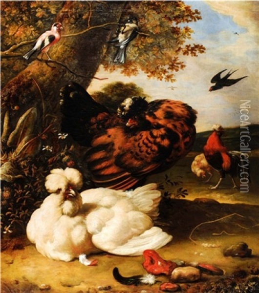 Huhner Und Singvogel In Landschaft Unter Einem Baum Oil Painting - Melchior de Hondecoeter