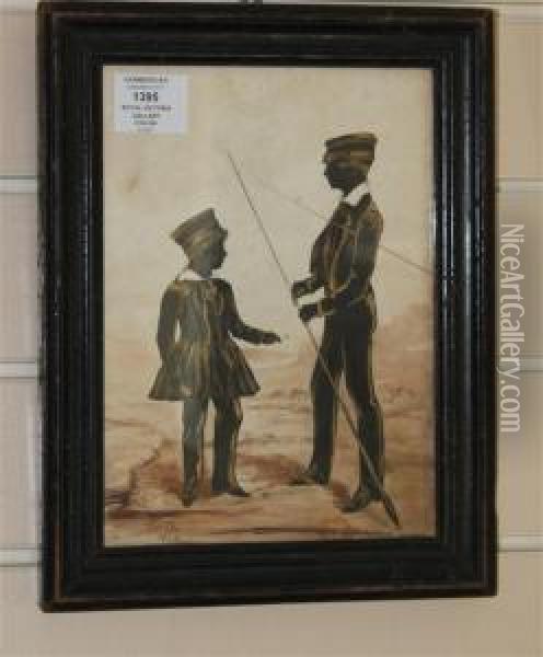 Silhouette Of Two Boys Fly Fishing Oil Painting - Royal Victoria Gallery