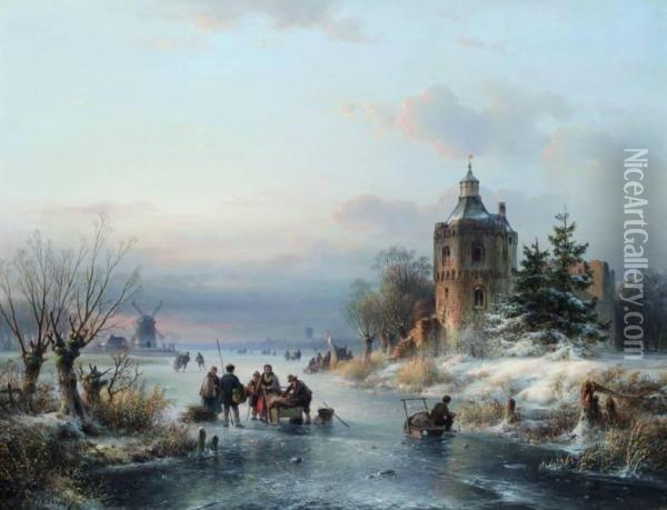 Winterlandschap Met Schaatsers En Koek En Zopietent Oil Painting - Lodewijk Johannes Kleijn