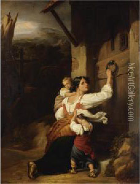 Mother And Children Fleeing; At The Altar Oil Painting - Giuseppe Mazzolini