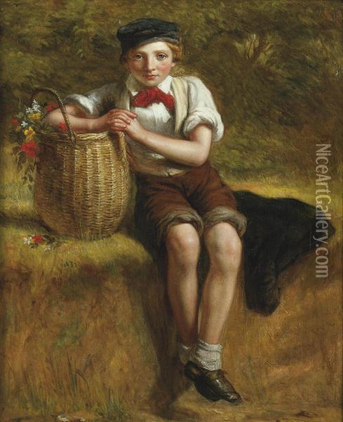 A Young Boy Resting On A Sandy Bank With A Basket Of Wildflowers Oil Painting - Charles Compton