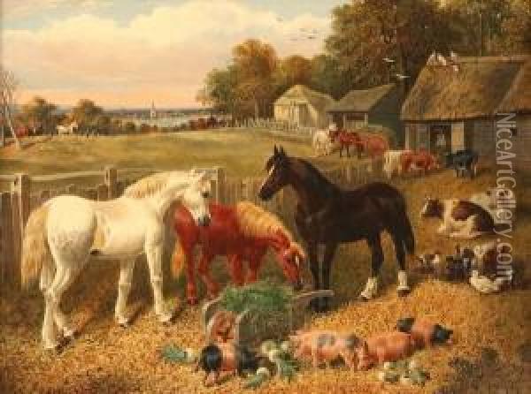 Farmyard With Horses And Livestock Oil Painting - Joseph Clark