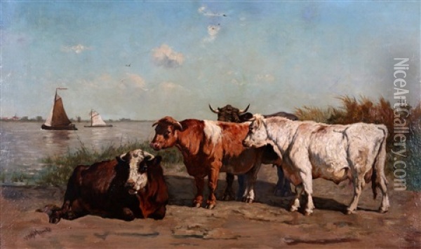 Resting Cows At The Water's Edge Oil Painting - Emile van Marcke de Lummen