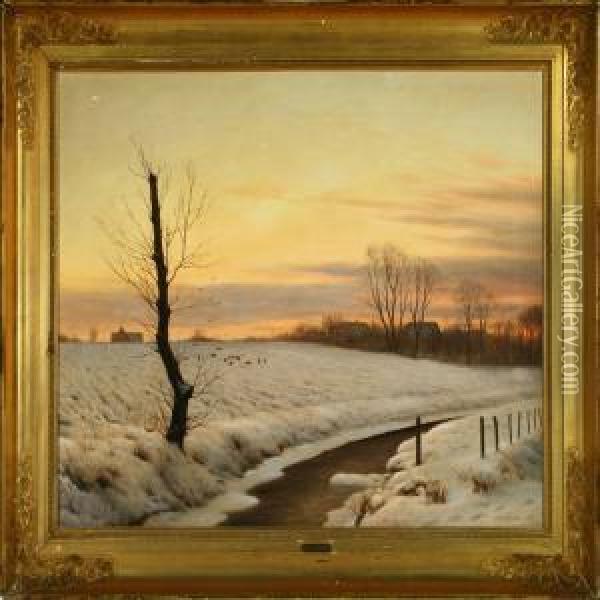Winter Landscape With Astream Oil Painting - Adolf Larsen