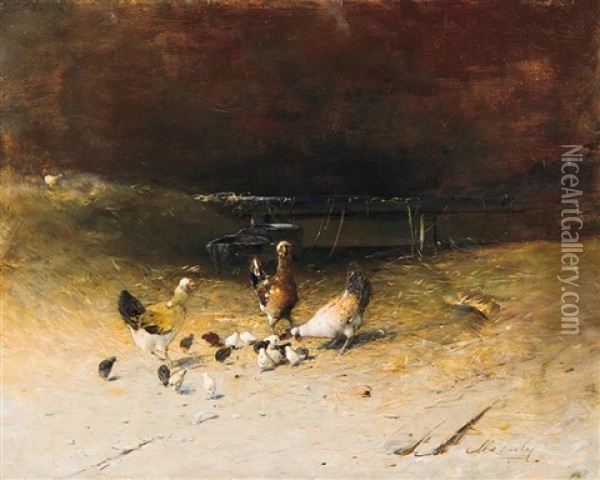 Hen Yard Oil Painting - Geza Meszoely