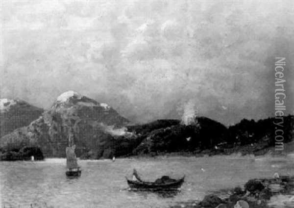 Norwegische Fjordlandschaft Mit Fischerbooten Oil Painting - Johann Jungblut