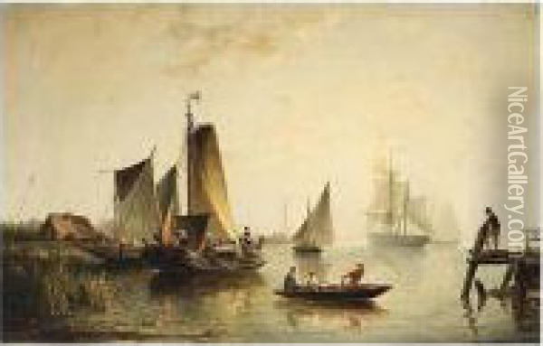 A River Landscape With Sailing Vessels Oil Painting - Nicolaas Riegen