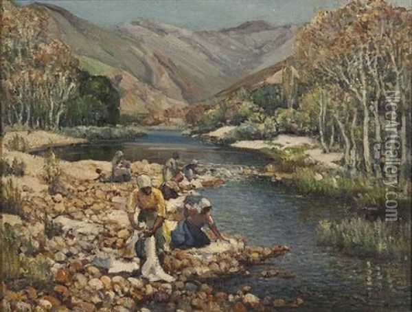 Washday Beside The Hex River Oil Painting - Pieter Hugo Naude