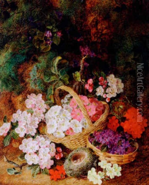 Baskets Of Primroses And A Bird's Nest On A Mossy Bank Oil Painting - George Clare