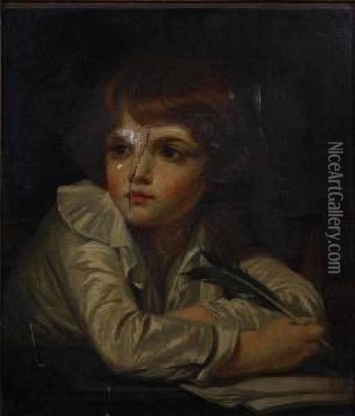 Portrait Of A Young Boy At Hisschoolwork Oil Painting - Matthew Shepperson